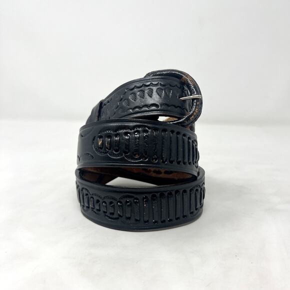 [Vintage] Black Distressed Tooled Leather Belt Size 34" - Picture 1 of 5